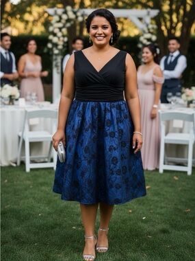 dressbarn Black Bodice with Navy Floral Midi Dress